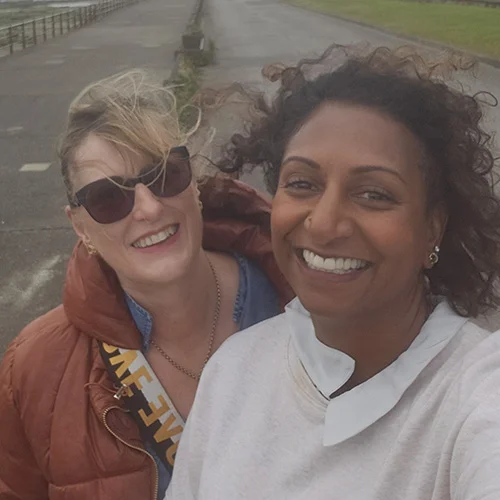Selfie of Sukanya and Anne Sowerby taken while walking and talking for Anne Sowerby’s episode of Sukanya The Podcast.