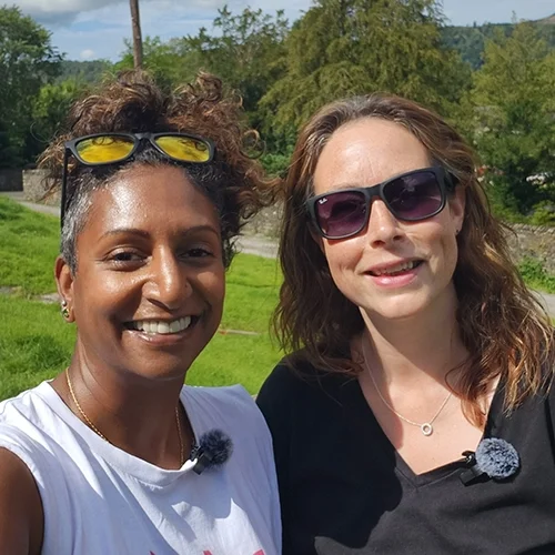 Selfie of Sukanya and Rebecca Smith taken while walking and talking for Rebecca Smith’s episode of Sukanya The Podcast.