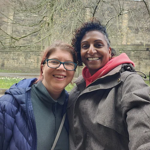 Selfie of Sukanya and Ros Jones taken while walking and talking for Ros Jones’s episode of Sukanya The Podcast.