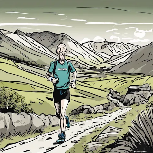 AI generated illustration of a fell runner on a lakeland path