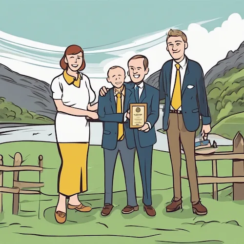 AI generated illustration of a group of people celebrating an award outside by a lake scene