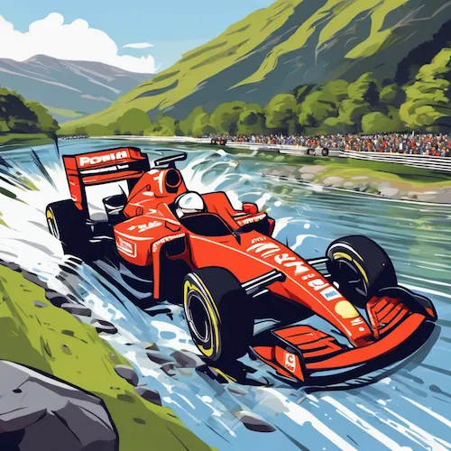 AI generated illustration of red race car with crowd and lake district in the background