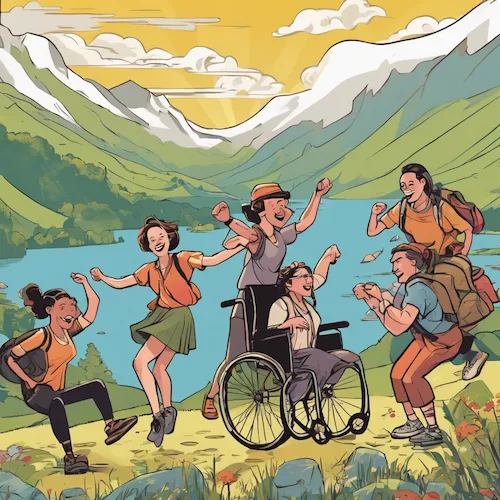 AI generated illustration of a diverse group of walkers in the mountains with a view of a lake