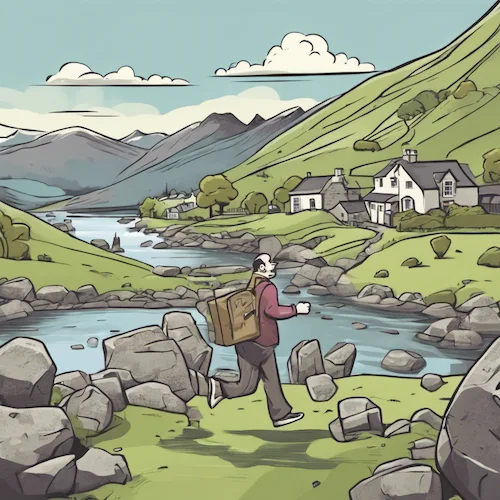 AI generated illustration of a man running towards a village in the countryside