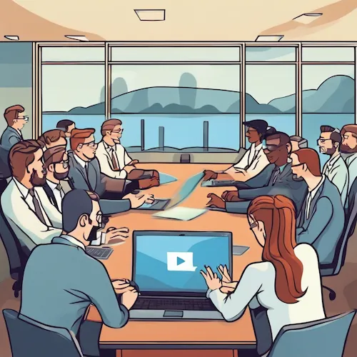 Ai generated illustration showing staff working in a shared office space with a lake district view outside