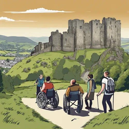 AI generated illustration of a castle with a diverse group of walkers on a footpath