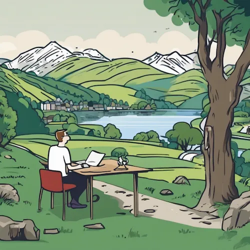 Ai generated illustration, man sat at his computer desk, positioned under a tree in the Lake District
