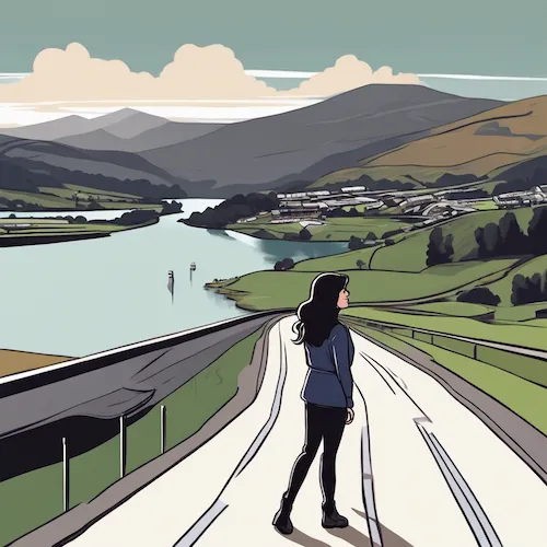AI generated illustration of a woman walking on a road towards the lake district
