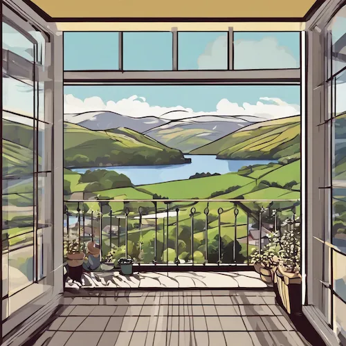 AI generated illustration of a view from a balcony looking out over the Spanish countryside