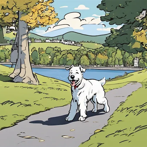 AI generated illustration of a small white dog running along a path by the lake