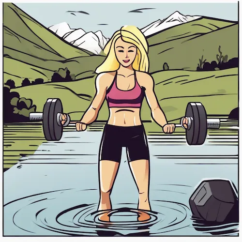 Ai generated illustration of a woman lifting weights in the lake