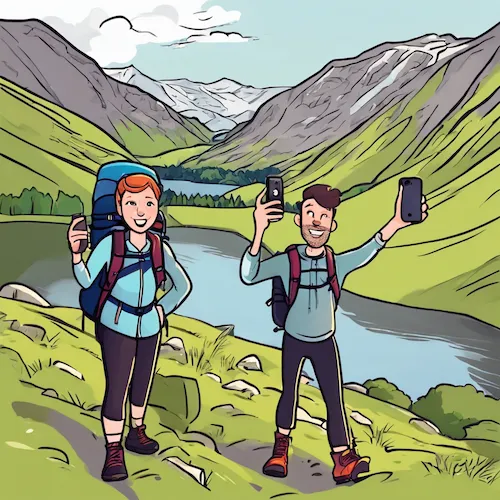 AI generated illustration of two walkers by a tarn in the lake district