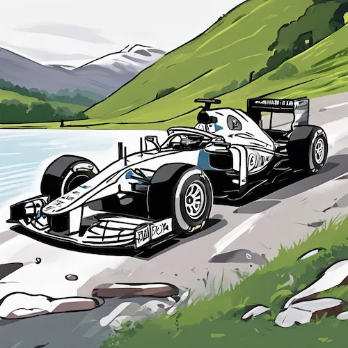 AI generated illustration of white race car with lake district in the background