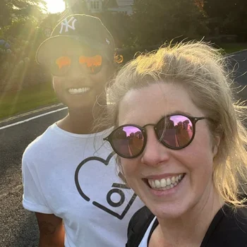 Selfie of Sukanya and Rachel Parkinson taken while walking and talking for Rachel Parkinson’s episode of Sukanya The Podcast.