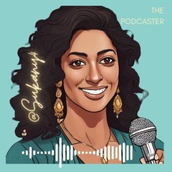 Sukanya The Podcast logo featuring an AI-generated animated image of Sukanya holding a microphone — representing creative conversations and storytelling.
