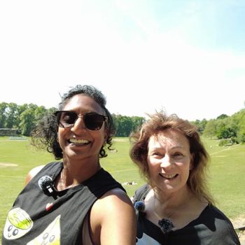 Selfie of Sukanya and Karen Livesey taken while walking and talking for Karen Livesey’s episode of Sukanya The Podcast.